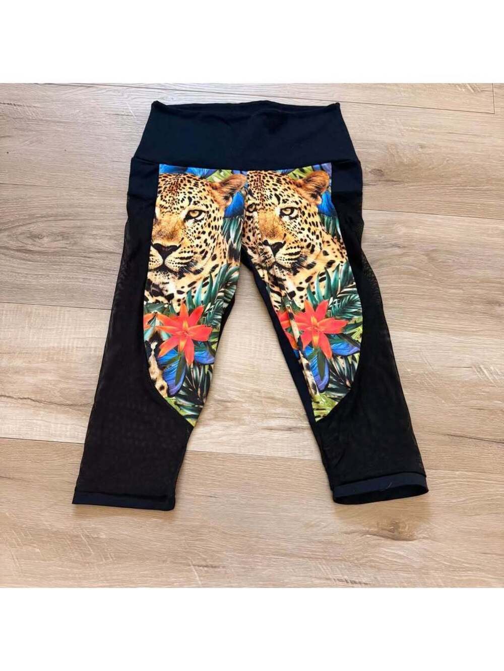Leggings Leopard‎ Black Mesh Cropped Women's M